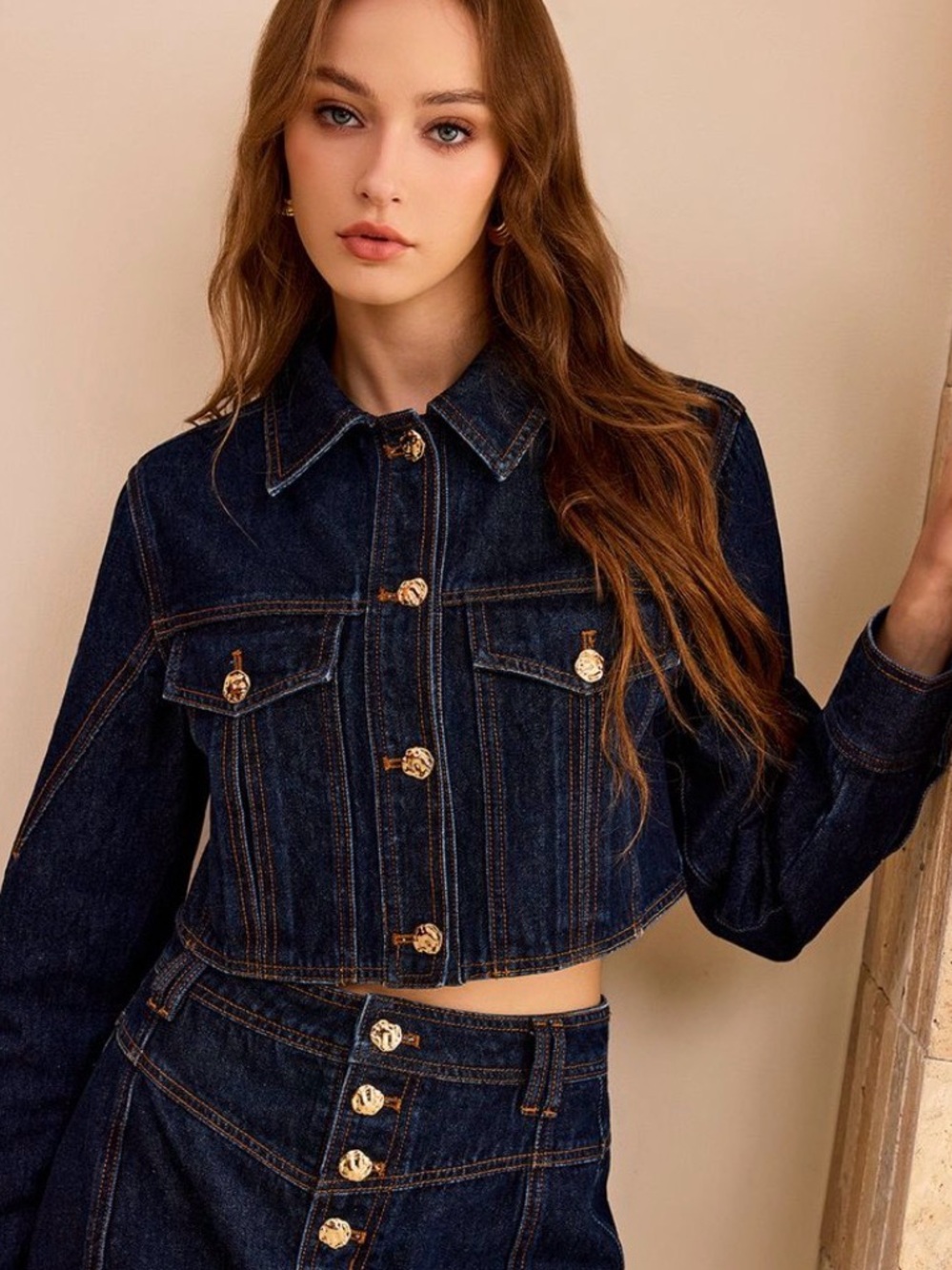 Commense Dark Indigo Cropped Denim Jacket with Gold Buttons Large